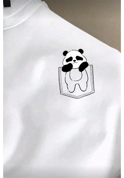 Cepte Panda Baskılı Oversize Unisex Pamuklu Tişört Battal Büyük Beden Tshirt Beyaz