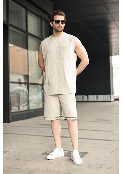 Madmext Boyalı Gri Bisiklet Yaka Kolsuz Erkek Şort T-shirt Takım E7351 Boyalı Gri