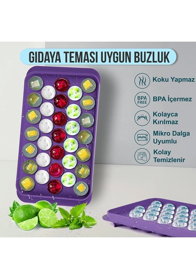 2 Adet Kapaklı 33 Hazneli Yuvarlak Buz Kalıbı Kokteyl Buz Kalıbı Sarı - Lila