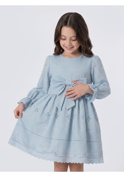 Pina Kids Kız Çocuk Uzun Kollu Önü Kurdelalı Fisto Elbise Mavi