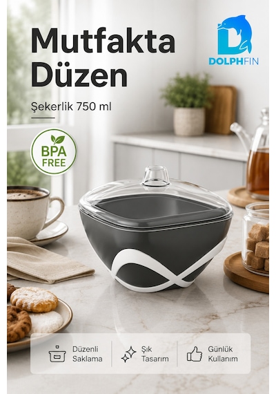 Dolpfin 750 Ml Kapaklı Şekerlik Siyah Beyaz Masaüstü Toz Ve Küp Şeker Kabı Bpa İçermez Mor