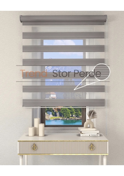 Geniş Plise Gri Etek Dilimsiz Zebra Stor Güneşlik Perde Gri