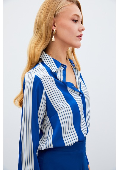 Sateen Çizgi Desenli Gömlek - Saks Mavisi-134967 Saks Mavisi Saks