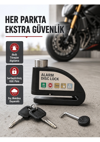 Titreşim Sensörlü Alarmlı Motosiklet Disk Kilidi 14mm Çelik Çift