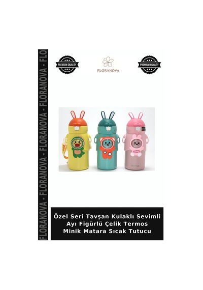 Özel Seri Tavşan Kulaklı Sevimli Ayı Figürlü Çelik Termos Minik Matara Sıcak Tutucu Çok Renkli