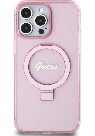 Apple Uyumlu iPhone 15 Pro Max Kılıf Guess Lisanslı Magsafe Özellikli Simli Ring Standlı