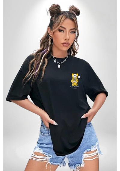 Beyin Gülüşü Siyah Oversize Unisex Ön Ve Sırt Baskılı Tişört Siyah