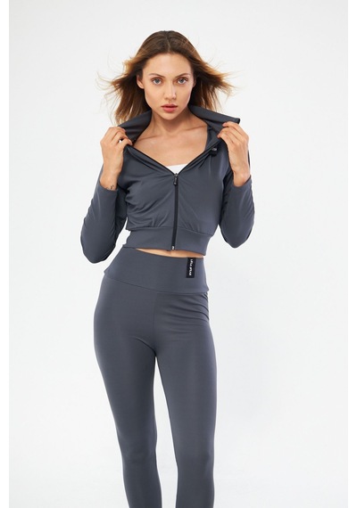 Lesa Wear Kapüşonlu Içi Polarlı Yumuşacık Şardonlu Kaşkorse Crop Likralı Sweatshirt Antrasit