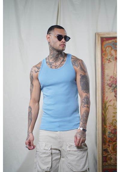 Slim Fit Kaşkorseli Esnek Düz Erkek Sporcu Atlet Mavi