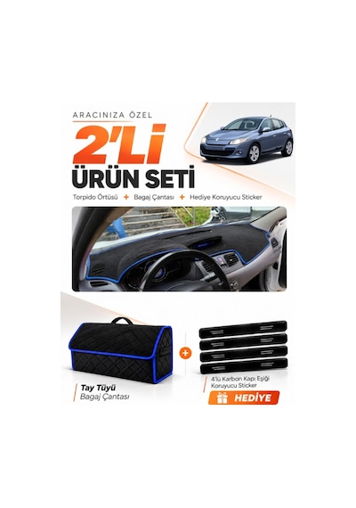 Renault Megane 3 Küçük Ekran 2008-2015 Uyumlu Torpido Örtüsü + Tay Tüyü Çanta Seti - Siyah Mavi