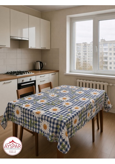 Masa Örtüsü 150x170 Cm Lacivert Kareli Papatya Beyaz