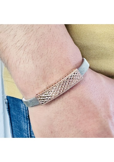 Gümüş Erkek Bileklik 14k Rose Altın Kaplama ,ışıltılı Desen Gümüş