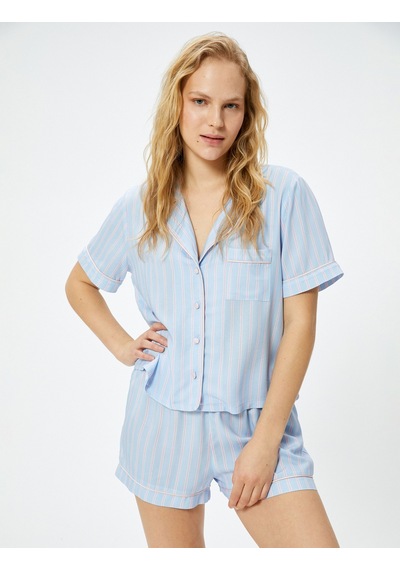 Koton Düğmeli Pijama Üstü Kısa Kollu Cep Detaylı Viskon Mavi Çizgili 4slk50062mw Mavi