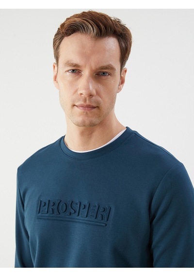 Lcwaıkıkı Classic Petrol Bisiklet Yaka Baskılı Erkek Sweatshirt Petrol Mavi