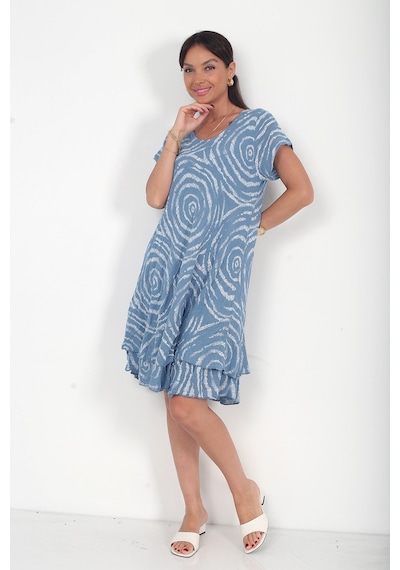 By Saygı Kadın İtalyan Cotton Spiral Desenli Astarlı Kısa Elbise İndigo