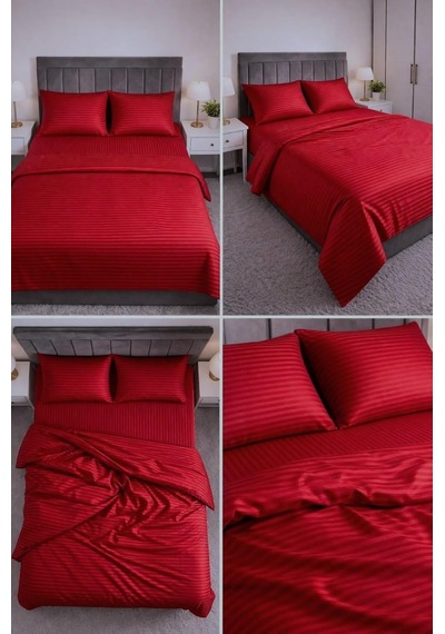 Tr Wova Home Burgundy Stripe Çift Kişilik Nevresim Takımı%90 Pamuk 83 Tel Saten Çizgili Lastikli Çarşaflı Nevres Diğer