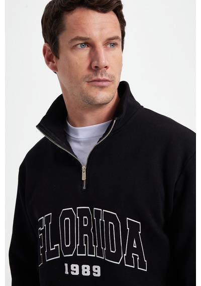 Tudors Erkek Relax Fit Rahat Kesim Pamuklu Yarım Fermuarlı Baskılı Siyah Sweatshirt-42315 Sİyah
