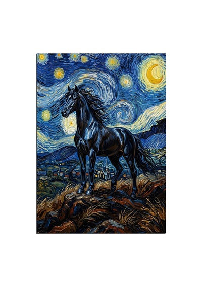 Van Gogh Tarzı Siyah At Yıldızlı Gece Dekoratif Kanvas - Mdf Ahşap Tablo Çok Renkli