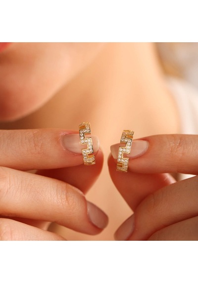 Sembol Gold Grek Altın Halka Küpe 1.5 CM Taşlı