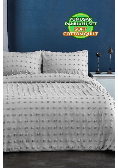 Evlen Home Pamuklu Emmy Yatak Örtüsü Seti Günlük Çift Kişilik Boho 3 Parça Dolgulu Tufting Gri Gri
