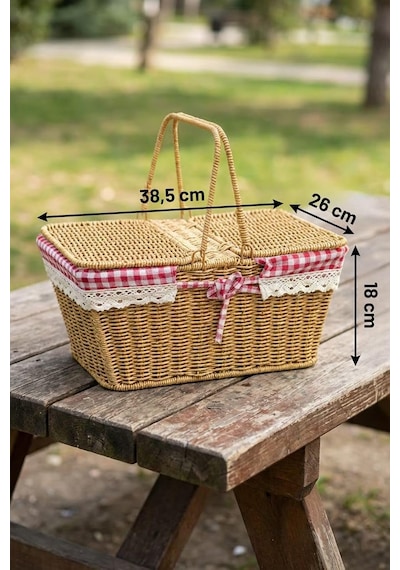 2 Kapaklı Dikdörtgen Hasır Görünümlü Piknik Sepeti, Plastik Rattan, Doğal Renk, Dantel Ve Ekose Detaylı, 38.5x2 Diğer