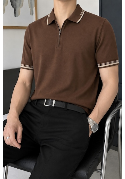 Tarz Cool Erkek Fermuar Yaka Triko Polo Tişört Slim Fit Pamuklu Yazlık Triko Kahverengi