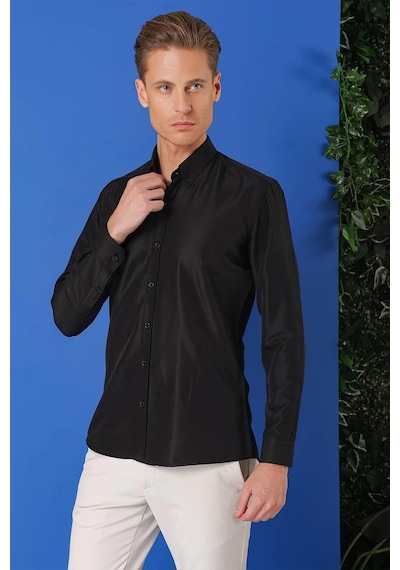 Efor Slim Fit Düğmeli Yaka Pamuklu Klasik Siyah Gömlek Gk 715 Siyah