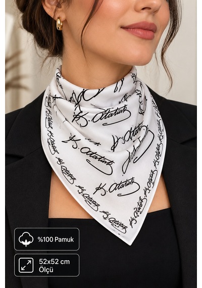 Herşeynota Atatürk İmza Desenli Beyaz %100 Pamuk 52x52cm Fular Bandana Okul, Etkinlik, Tören, Gösteri Çok Renkli