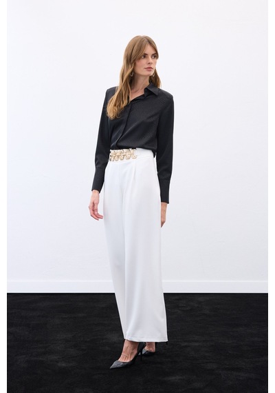 Sateen Kemerli Salaş Pantolon - Ekru-136533 Ekru