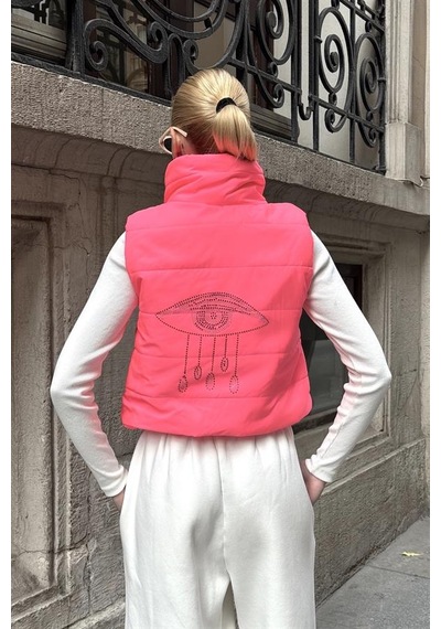 Genel Pembe Sırtı Taş İşlemeli Dik Yaka Kısa Şişme Yelek