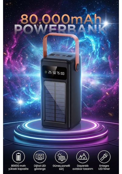 Powerbank 80.000 Mah Güneş Enerjili Solar Dijital Göstergeli El Fenerli Taşınabilir Batarya Siyah