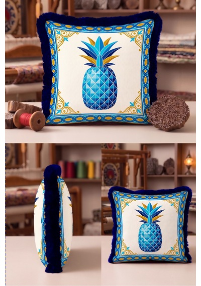 Ananas Tropik Otantik Motifli Saçaklı Yastık Kılıfı - Akdeniz Mavi Lacivert Püsküllü Kırlent Kılıfı Sakin Ufuk Serenat