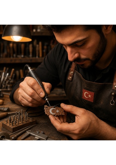 Ay Yıldızlı Türkiye Haritası Çift Taraflı Eskitme Ahşap Metal Kolye - Unisex Çok Renkli