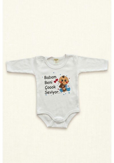 Bambık Babam Beni Çoook Seviyor Yazılı Uzun Kollu Bebek Body Zıbın Beyaz