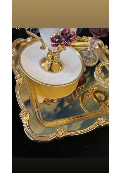 Gold Üzeri Gold Gül Figürlü Sunum Tepsisi Tek Kişilik Dekoratif Kare Servis Kahve Çay Tepsisi