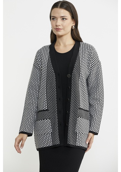 Oversize Cepli Petek Motifli Triko Ceket - Siyah 001
