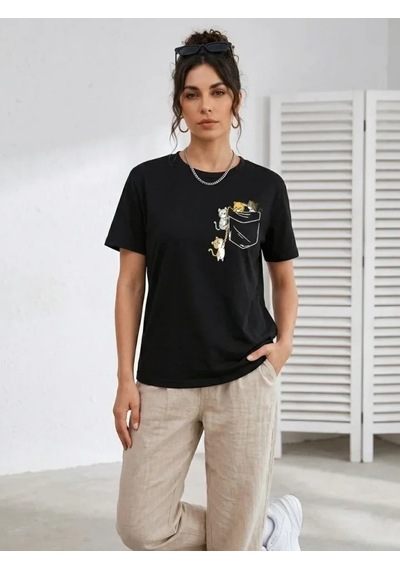 Defymoda Sevimli Kedi Cep Baskılı Tişört Kısa Kol Yazlık T-shirt - Siyah