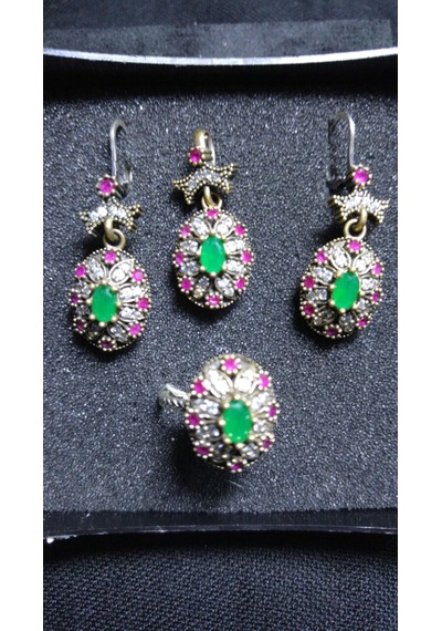 Zümrüt, Lal Ve Zirkon Karışımlı Gümüş 3 Lü Oval Set Bronz