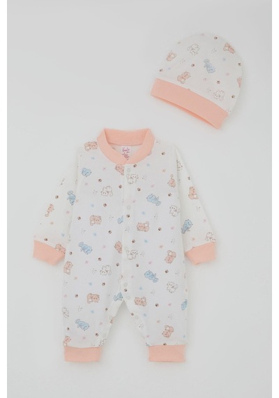 Breeze Kız Bebek Tulum Renkli Kedicik Desenli Minnoş Ayaklar 0-6 Ay, Beyaz
