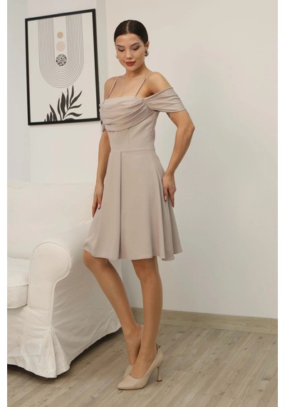 Lodmela Drape Detaylı Askılı Midi Elbise 2380-bej Bej