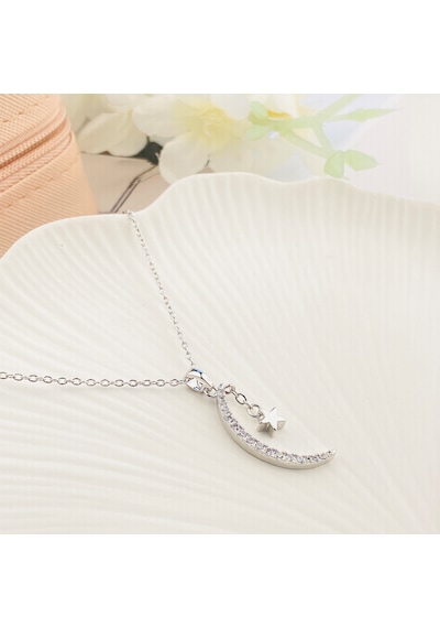 Ay Yıldızlı Kolye Kadın Kolye Zirkon Taşlı 45cm Silver