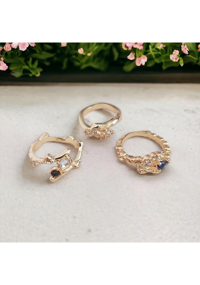 3'lü Modern Vintage Yüzük Seti Altın Renk Gold