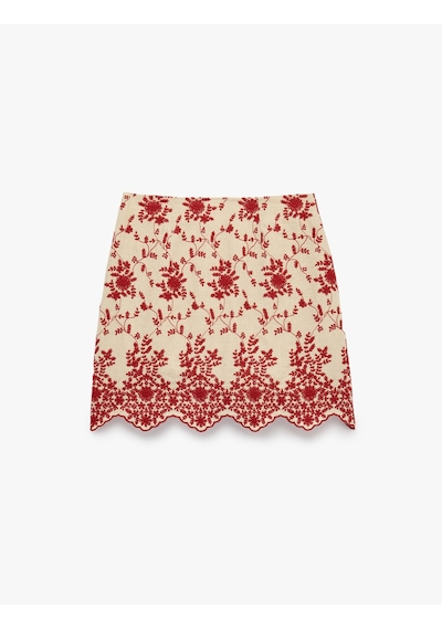 Koton Keten Karışımlı Brodeli Floral Nakış Detaylı A Kesim Mini Etek Kırmızı Desenli 6sak70155ew Koton Keten Karışımlı Brodeli Floral Nakış Detaylı A Kesim Mini Etek Kırmızı Desenli 6sak70155ew