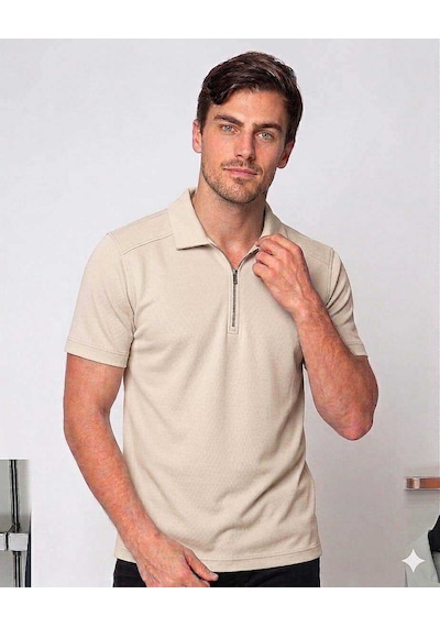 Bys Beystil Erkek Kemik Rengi Slim Fit Yarım Fermuarlı T-şhirt 263471