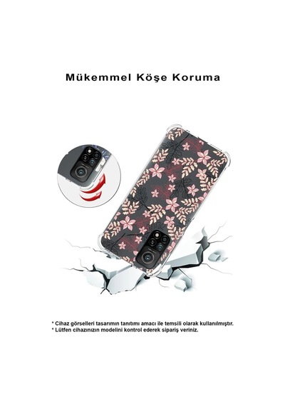 Vivo Y16 Uyumlu Köşe Korumalı Floral Kırmızı Tasarımlı Şeffaf Silikon Kılıf