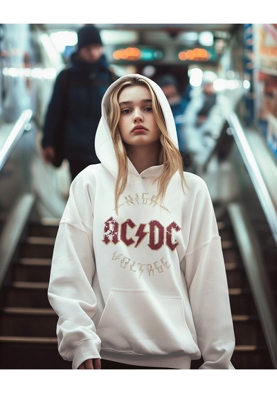 Sevbano High Ac Dc Voltage Yazılı Unisex Oversize Rock Metal Hoodie Beyaz