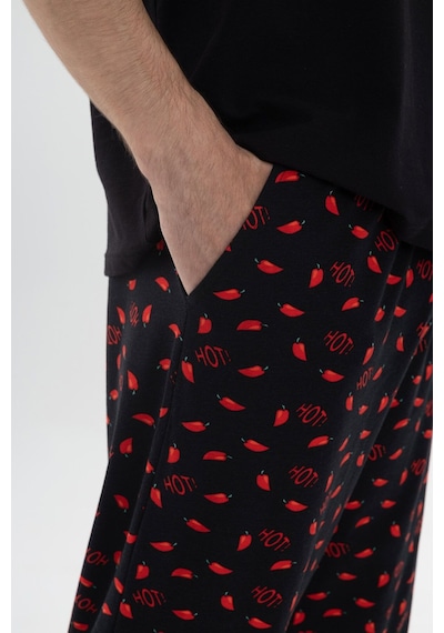 Erkek Pamuklu Kısa Kollu Chilli Baskılı Cep Detaylı Pijama Takımı Ke30101.34 Kırmızı - Siyah