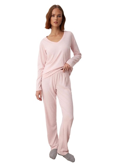 Ersefa Kadın V Yaka Örme Pijama Takımı Fonksiyonel Dayanıklı Kaliteli Ko Pembe