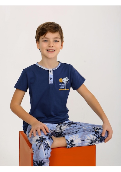Vitmo Erkek Çocuk Kısa Kollu Düğme Detaylı %100 Pamuklu Pijama Takımı The Palm Lacivert