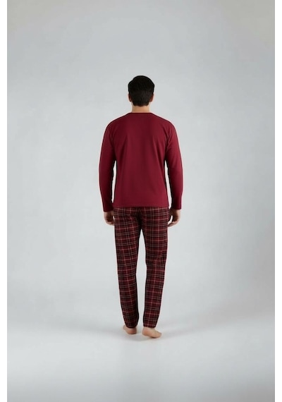 Lukitus Uzun Kol Sıfır Yaka Pamuklu Erkek Pijama Takımı Bordo Vlknekose Bordo